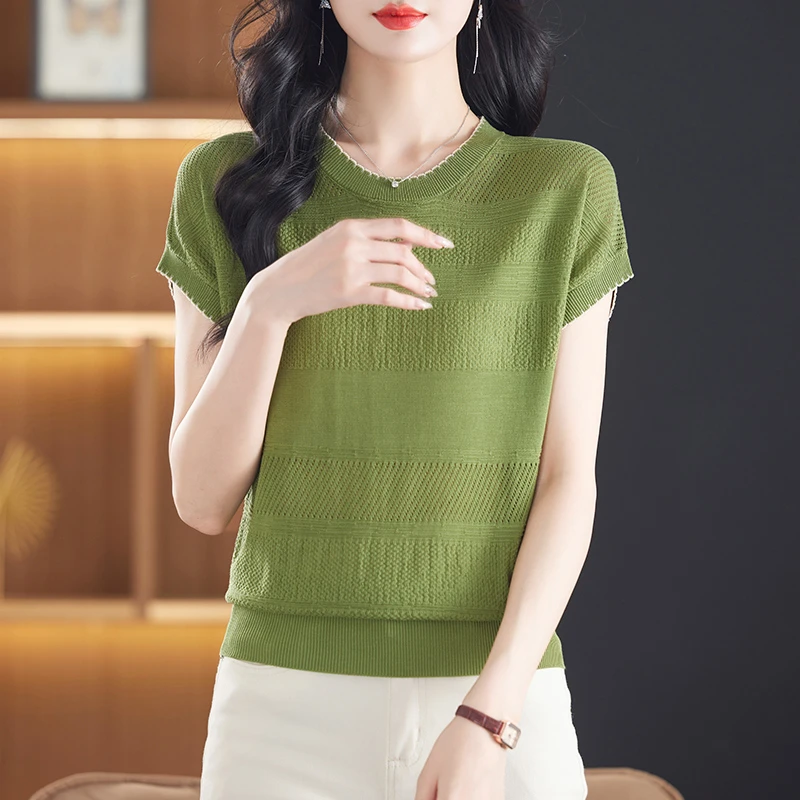 夏季新款撞色t恤女时尚洋气宽松显瘦针织小衫—85075