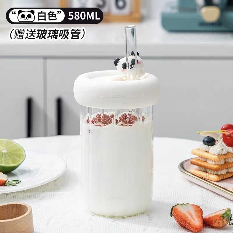 玲姐定制-高颜值熊猫耐热玻璃吸管可爱呆萌580ML办公水杯12215