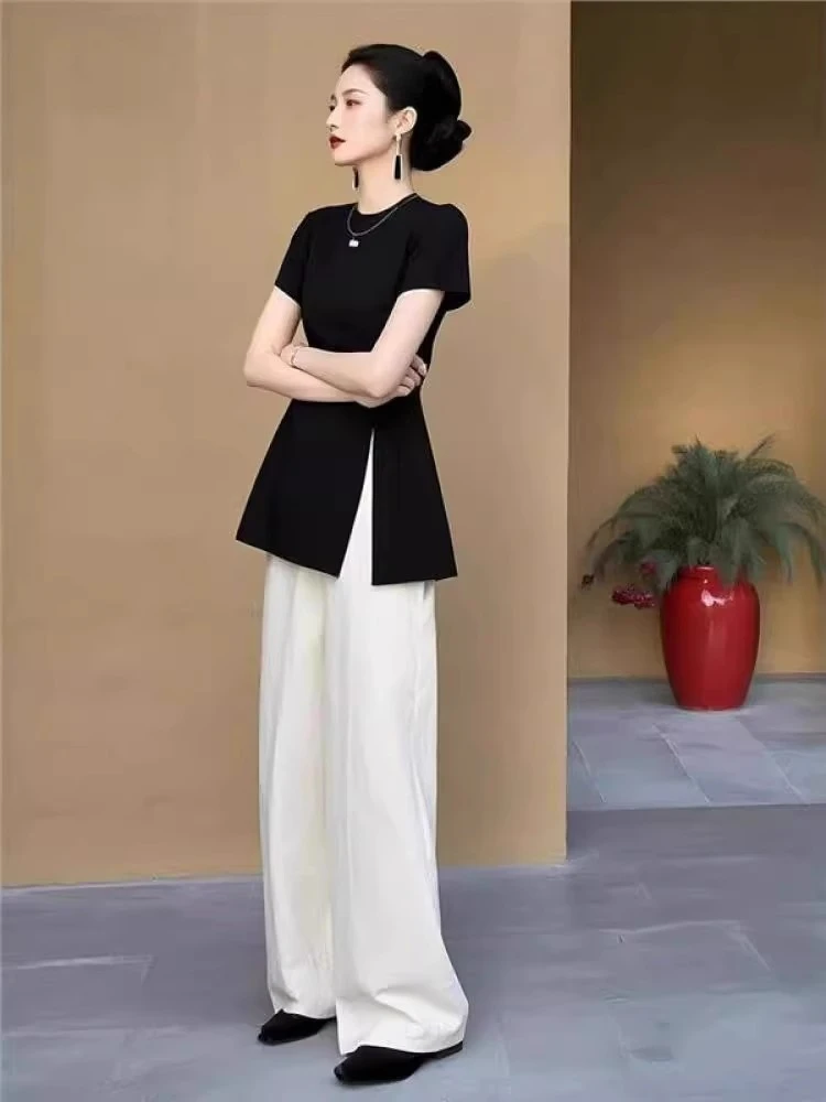 夏季时尚小香风黑色短袖上衣减龄洋气搭配套装新中式国风气质穿搭