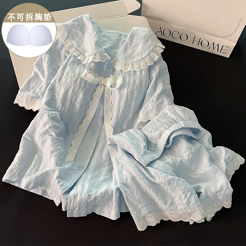 带胸垫睡衣蓝色公主风家居服女生纯棉蝴蝶结新款短袖短裤休闲夏季