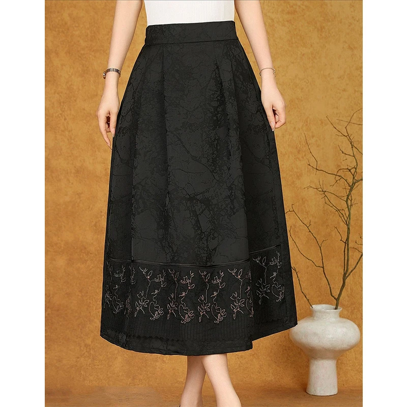黑色国风裙刺绣高腰显瘦中长款半身裙 K-198