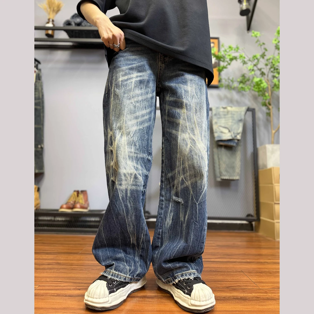 美式复古休闲风秋季弯刀裤水洗做旧牛仔裤高街阔腿裤宽松休闲9306