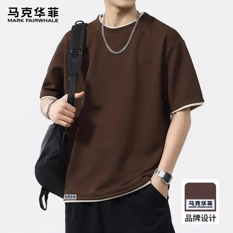 马克华菲夏季薄款短袖T恤男宽松透气休闲潮流圆领假两件半袖体恤