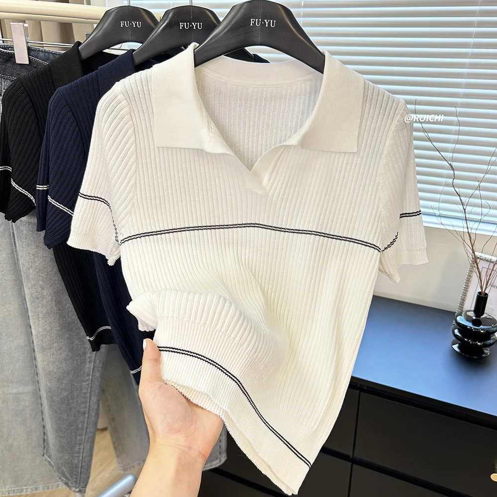 2025夏季韩系POLO翻领小马刺绣条纹简约高级套头短袖针织衫上衣女