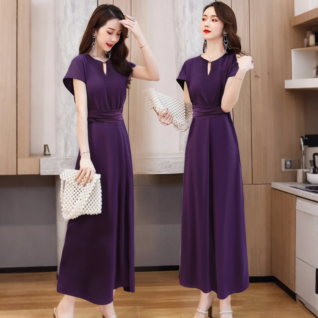 A2025夏季新款气质高级感通勤短袖收腰绑带修身紫色连衣裙女D1305