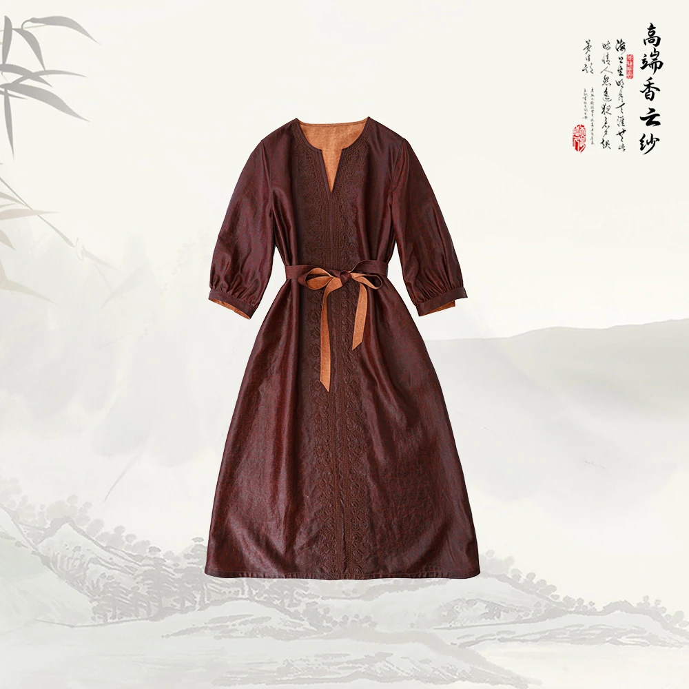 品牌新款刺绣V领宽松红云纱长款连衣裙529429
