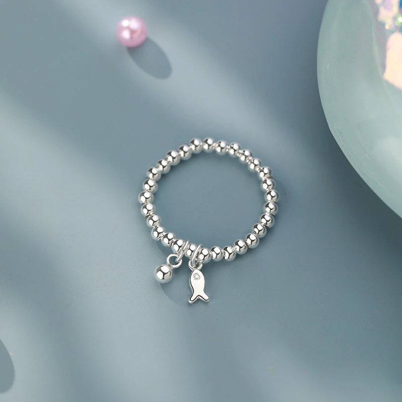 足银戒指 足银999小鱼圆珠戒指简约清新韩风银珠温柔串珠小众指环