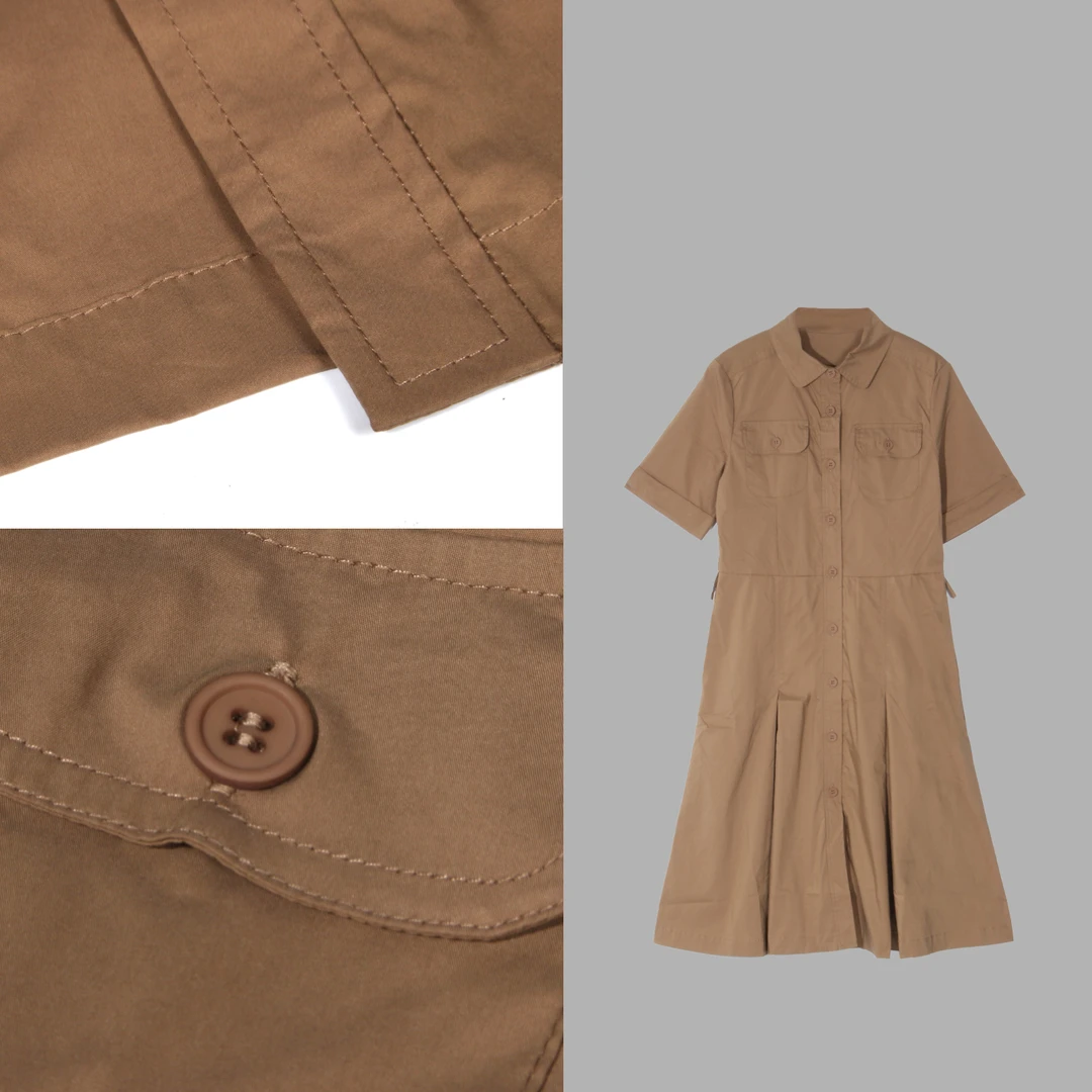 凯特丝蓓2187#纯色收腰POLO领抽绳显瘦口袋短袖连衣裙