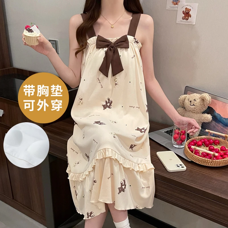 自带胸垫一体吊带睡裙女士夏季夏天家居服薄款可外穿韩版睡衣无袖