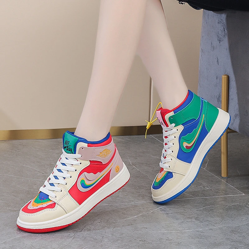大码41一43高帮鸳鸯鞋女2025新款平底拼色彩虹板鞋学生潮流运动鞋