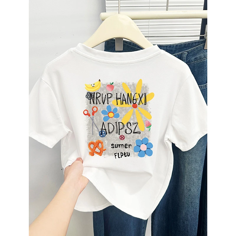 夏装2025新款韩版正肩短袖T恤女设计感创意前后印花显瘦圆领上衣