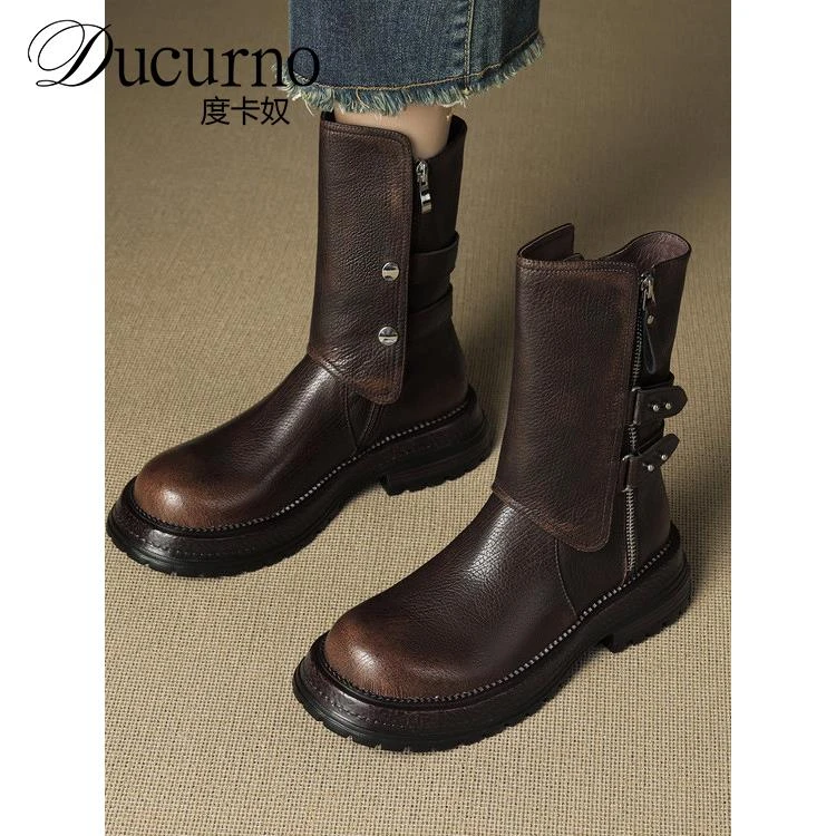 DUCURNO两穿朋克风时尚马丁靴女圆头厚底小短靴侧拉链真皮机车靴
