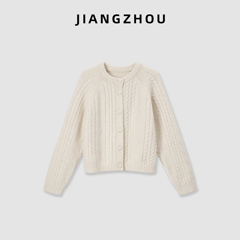 江洲【简寻】秋冬新款慵懒百搭圆领麻花纹加厚短款毛衣外套