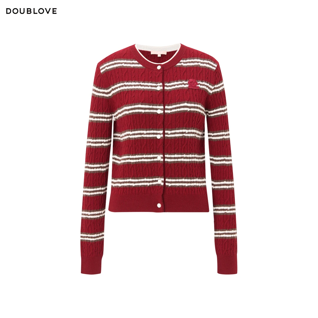 【舒软针织控】羊毛针织衫甜美撞色条纹长袖毛衣DOUBLOVE贝爱春新款
