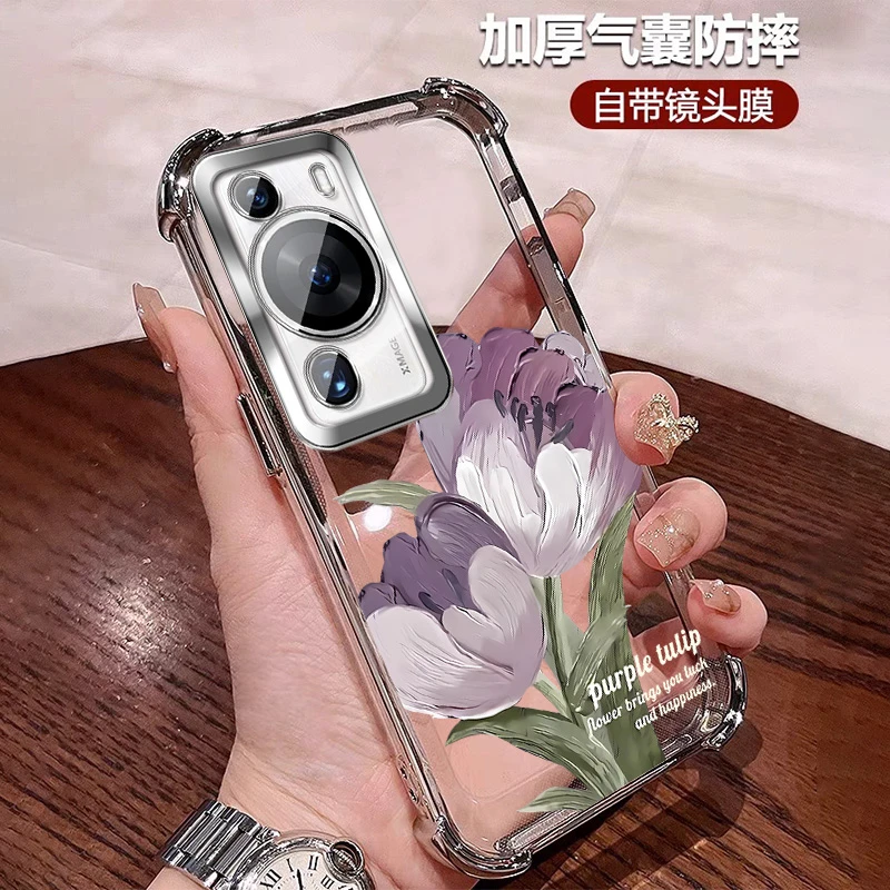 带镜头膜适用华为P60手机壳四角防摔软壳p60pro透明全包 女款硅胶