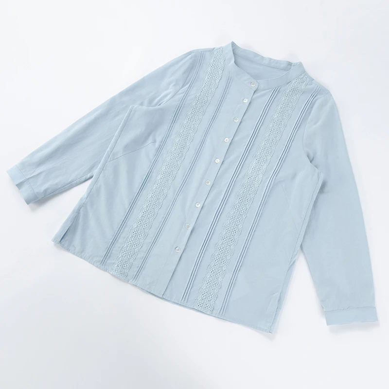 酒窝桃子大码蕾丝拼接压胸衬衫圆领长袖显瘦透气棉感遮肉春季