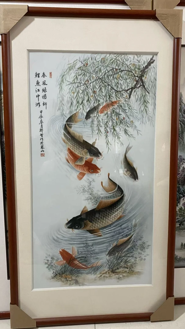 112*56邓智八鱼图陶瓷板国画风格软装挂画适合玄关客厅办公室茶室