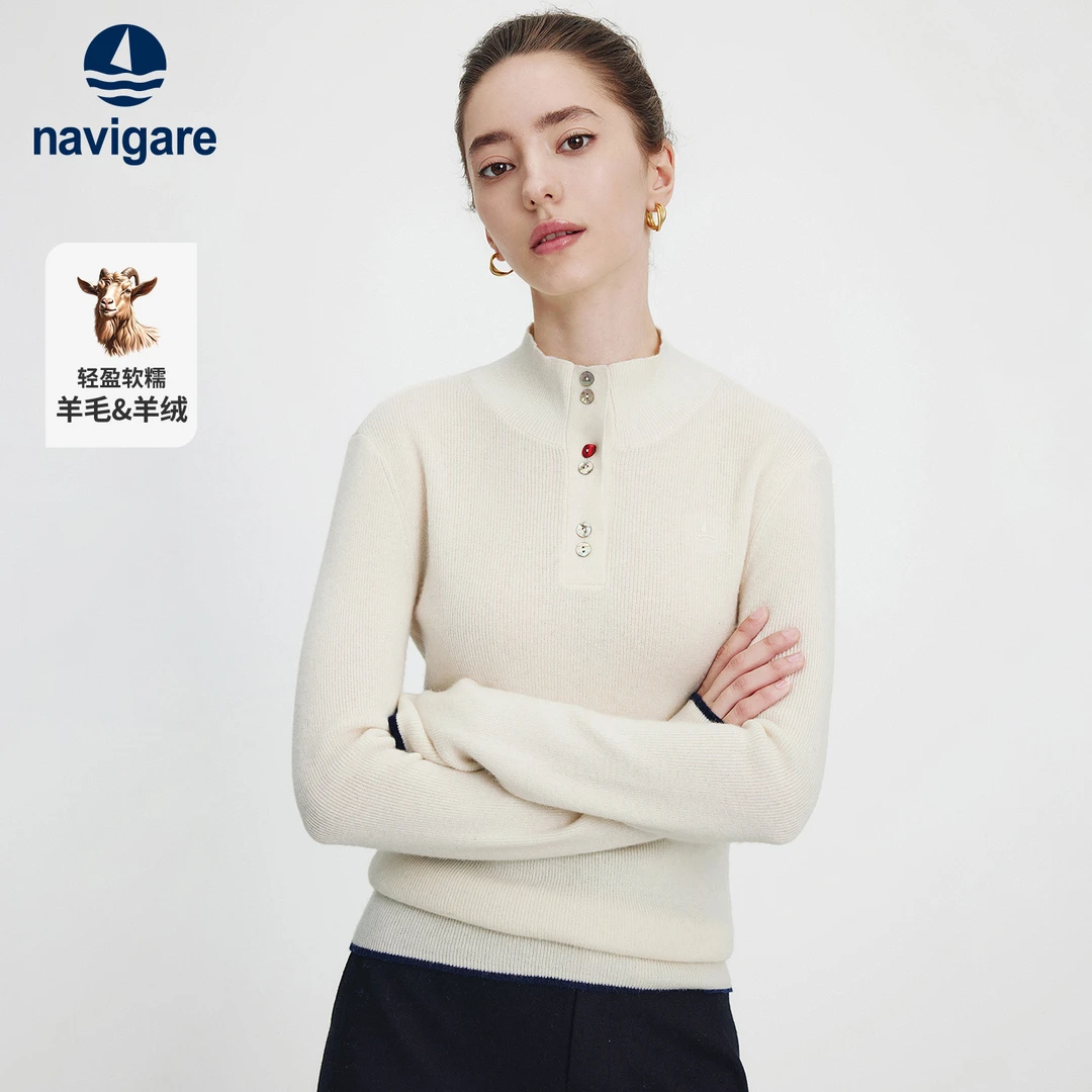 [羊毛+羊绒]navigare意大利小帆船半高领羊绒衫女保暖修身毛衣