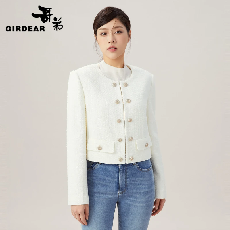 GIRDEAR/哥弟2025年新款简约圆领双排装饰扣短款小香外套 1400680