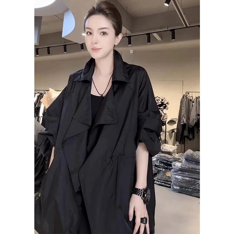 韩版宽松中长款轻薄防晒风衣外套欧洲站2025夏季新款休闲翻领上衣