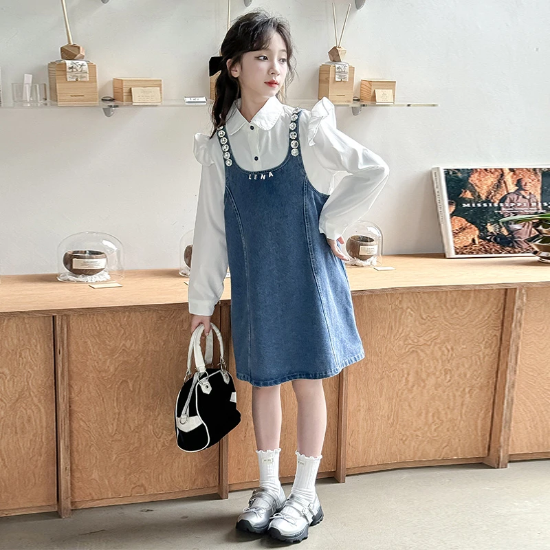 女童春装连衣裙套装2025新款洋气女孩春季儿童牛仔背带裙子两件套