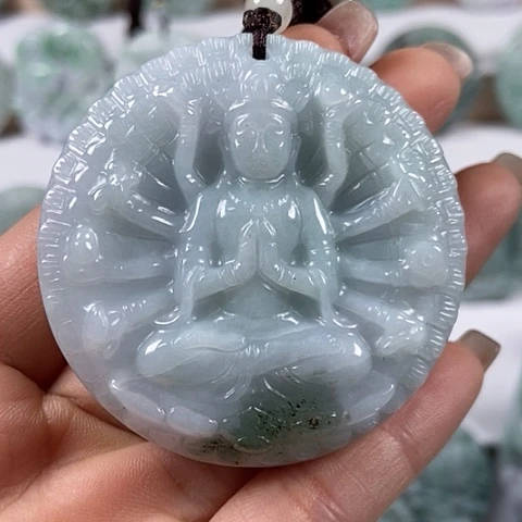 翡翠颈饰未镶嵌山水千手观音两面工福利有石纹裂