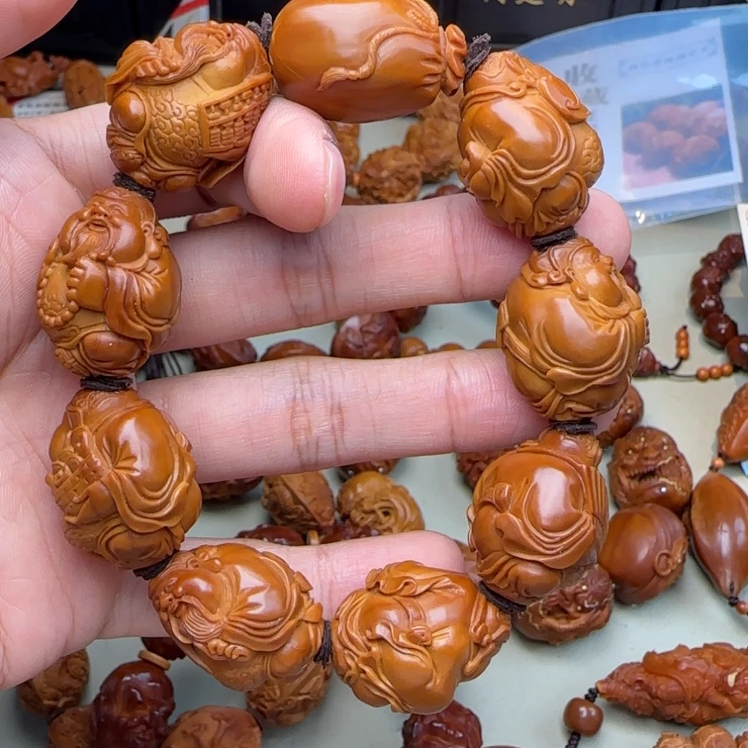 实***在橄榄核手串/手链纯手工雕刻八宝财神