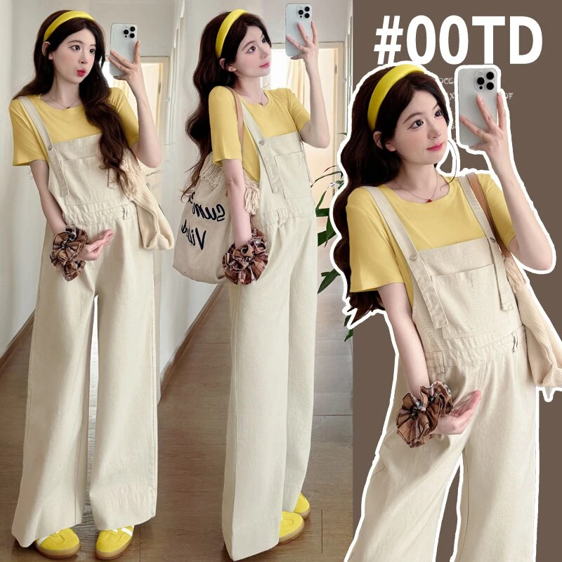 孕妇装女夏装2025潮款甜美穿搭韩版休闲短袖上衣牛仔背带裤两件套