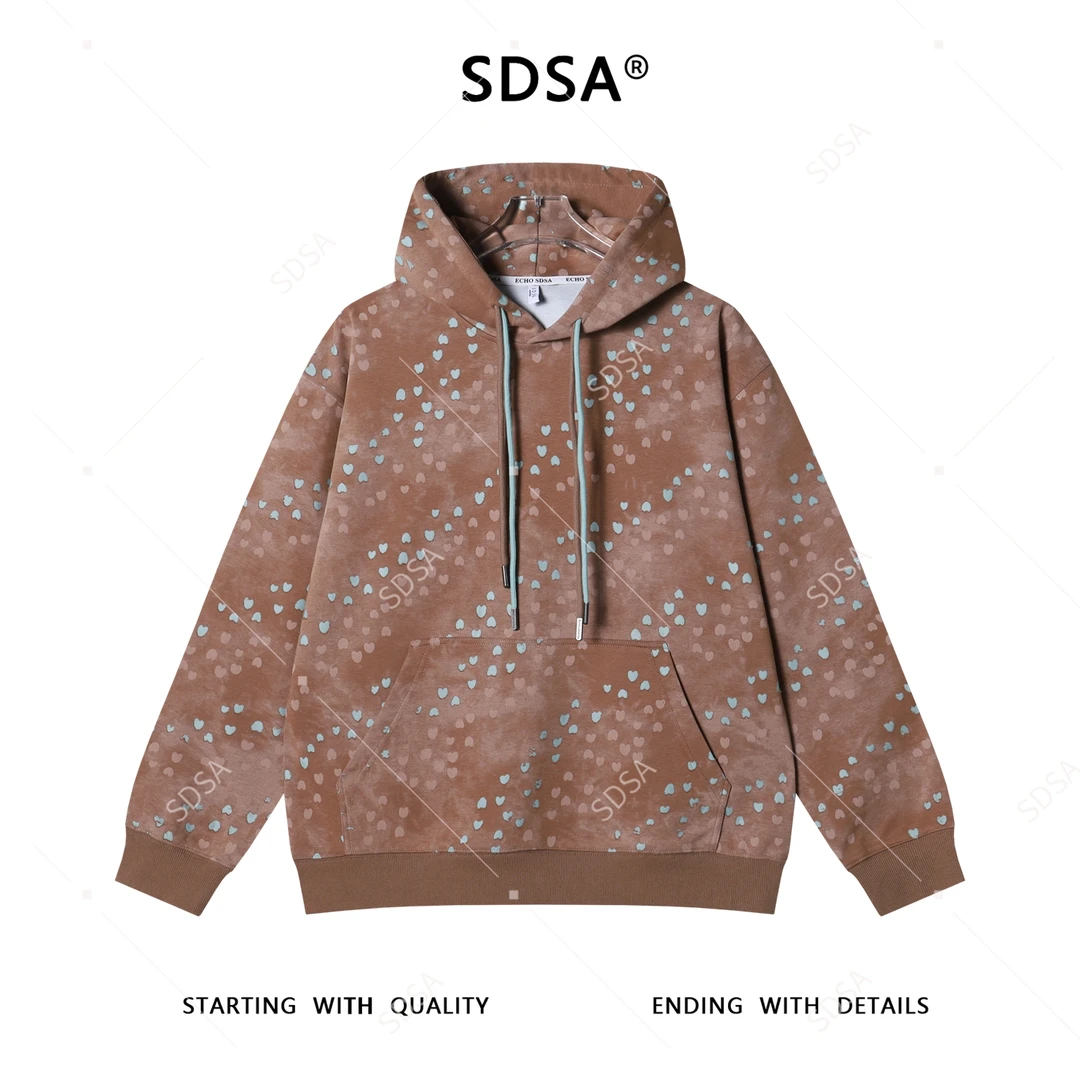 SDSA男士秋冬新款痞帅男装时尚扎染满印爱心印花抽绳连帽卫衣百搭