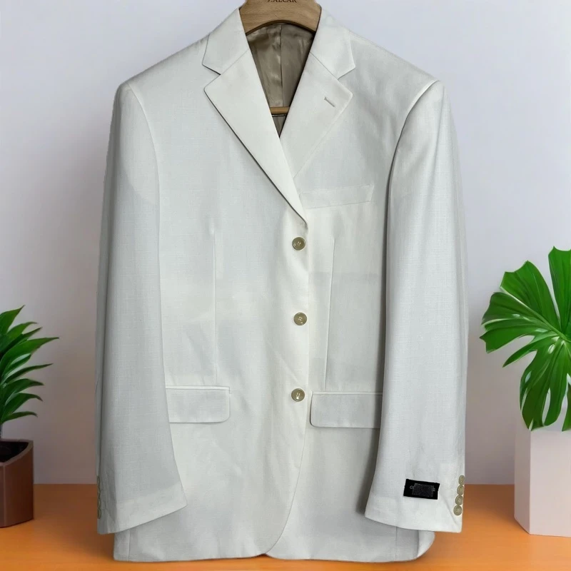 少量撤柜高货大码奢品三扣羊毛单西春秋米白色男士正装西服7022-1