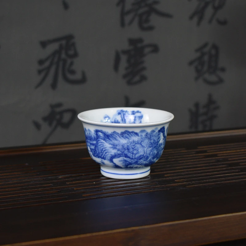 【两只装】景德镇制青花山水小客杯釉下彩个人品茗杯主人杯高档茶杯