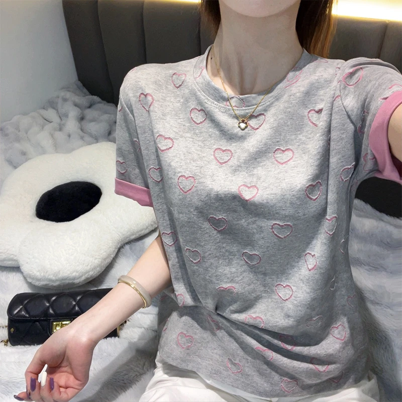 Moses Queen/魔西女王灰粉撞色圆领短袖T女2025夏季新款时尚上衣