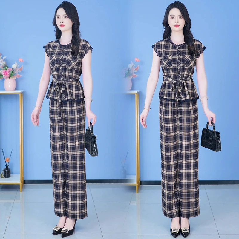 时尚洋气格子套装女2025夏季新款蕾丝拼接短袖上衣阔腿裤两件套潮