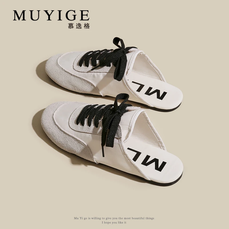 软底超火拼色包头半拖鞋女秋外穿2025春季新款平底懒人一脚蹬凉拖