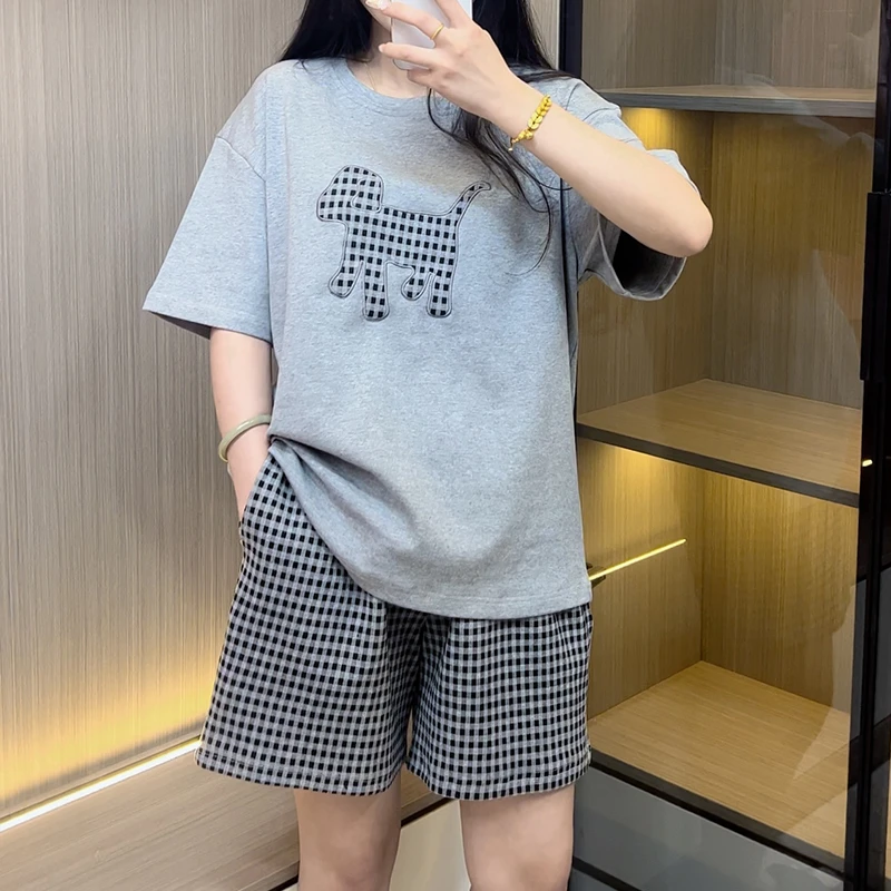 2025夏季女睡衣新款时尚短袖灰色刺绣小狗卡通家居服短裤薄款套装