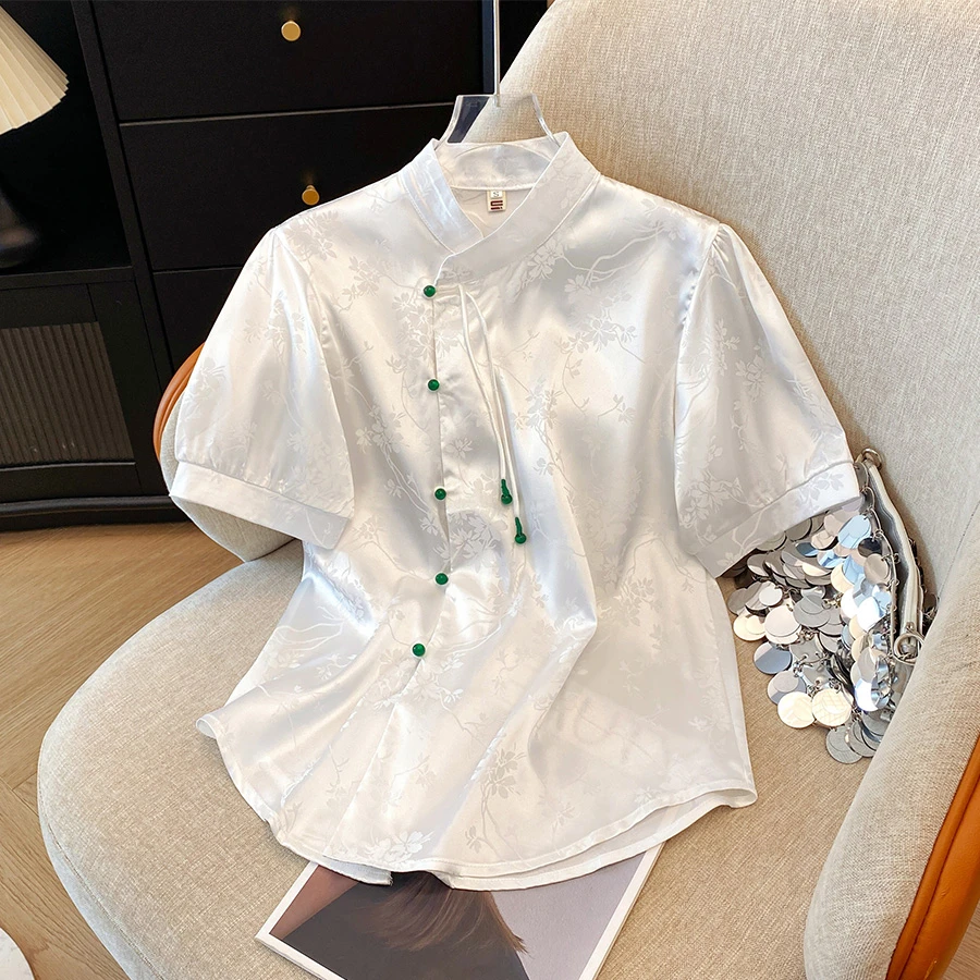 改良新中式国风提花缎面手工流苏钉珠夏季新品短袖淑女高级感衬衫