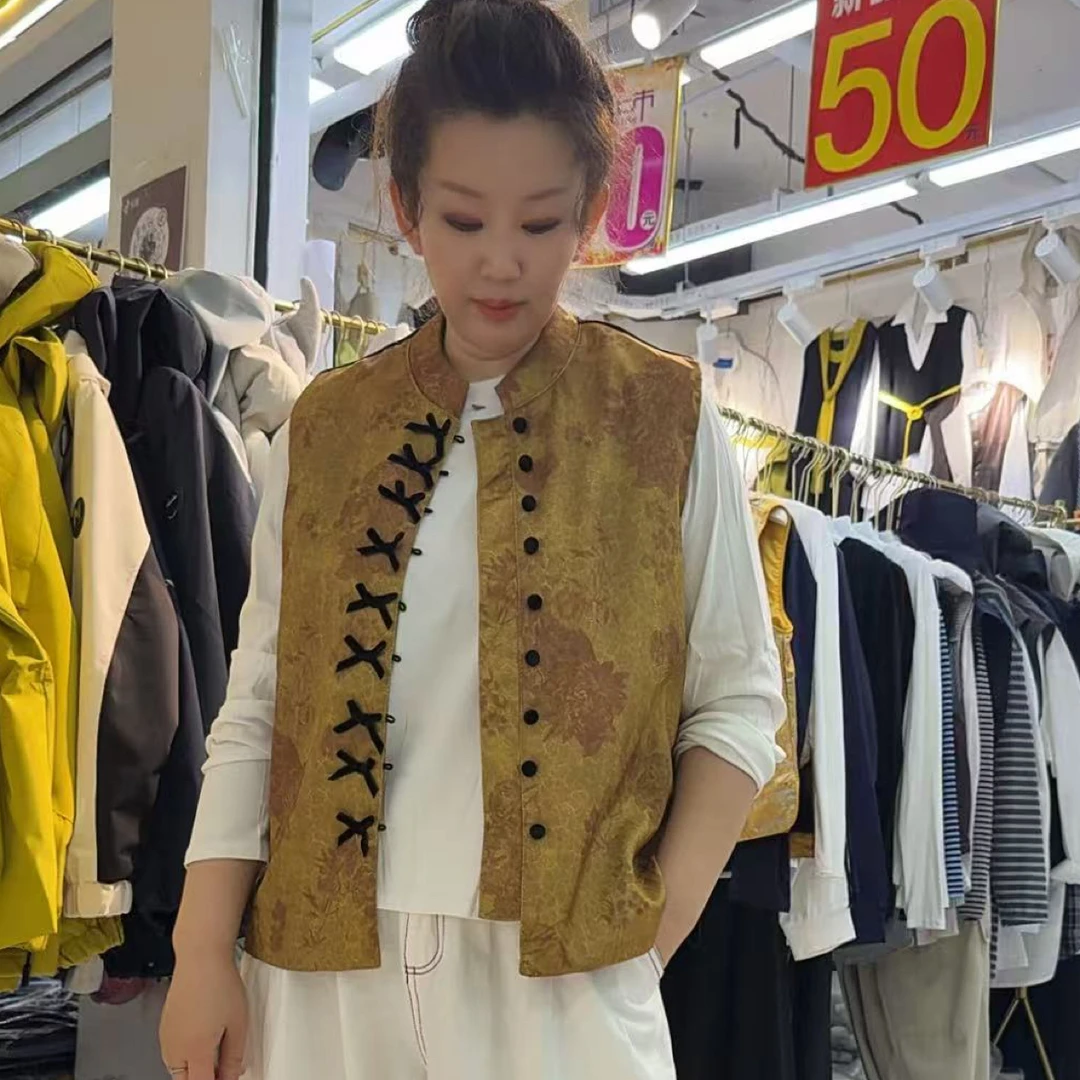 常规提花圆领拼接马夹休闲马甲民族风免烫中长款立领