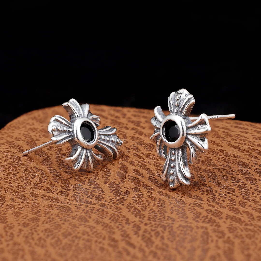 925银耳饰 做旧皇冠十字架耳钉男潮流欧美个性银针耳环嘻哈耳饰