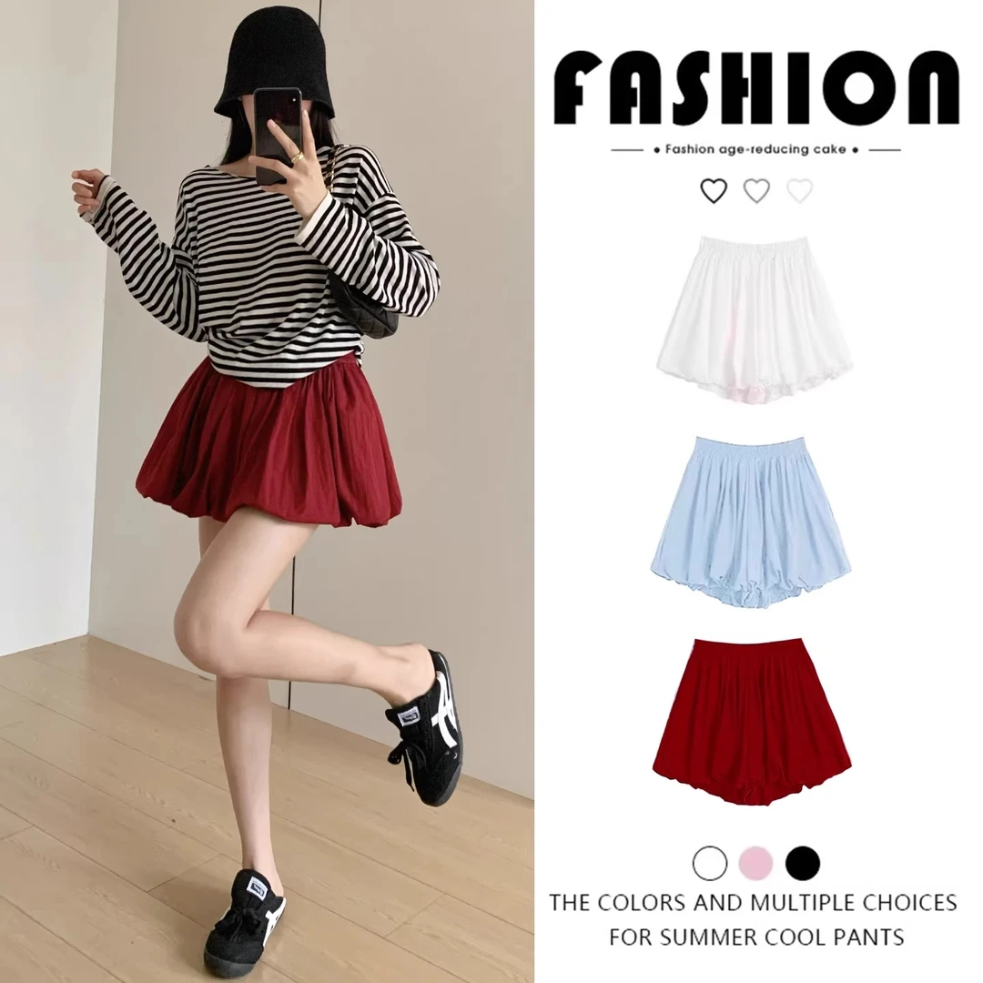 红色花苞裤女夏季2025新高腰显瘦防走光a字灯笼蓬蓬短裤