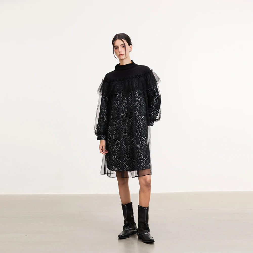 S·DEER圣迪奥冬季女装流苏层次感高端设计感黑色连衣裙S244Z12A4