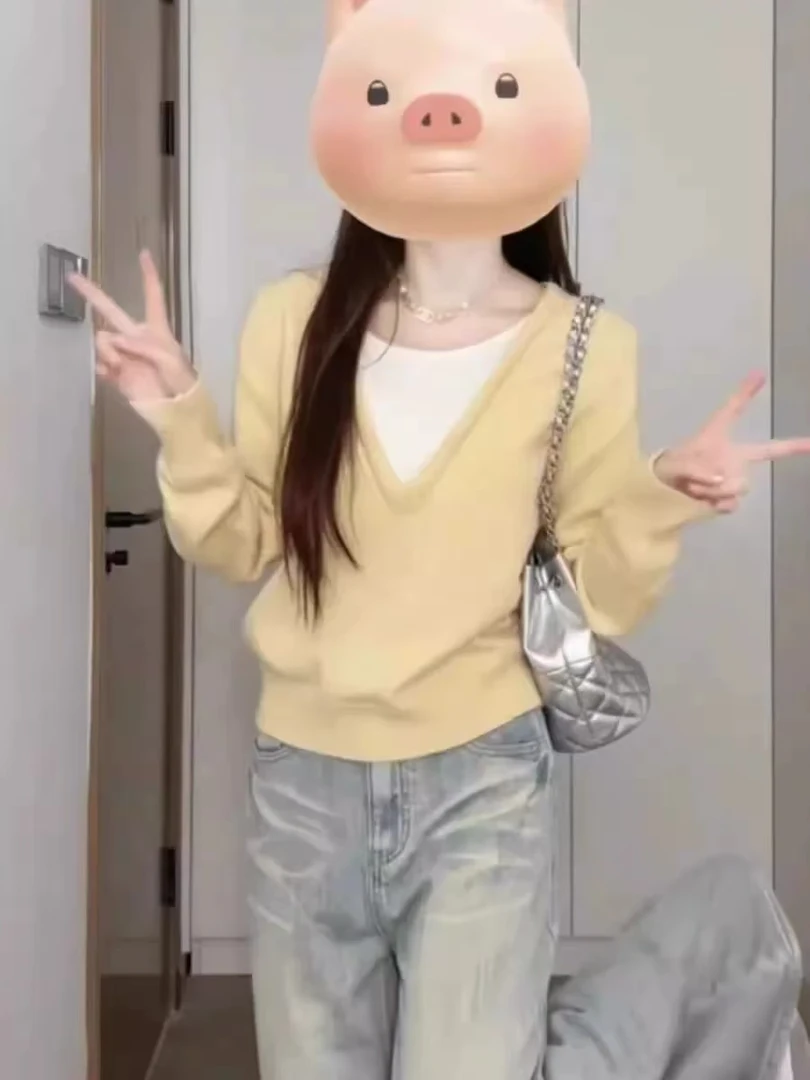 假两件黄色V领针织衫上衣女2025新款秋季穿搭长袖显瘦内搭打底衫