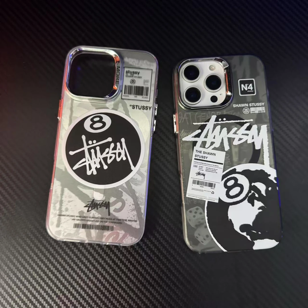 潮牌斯图西黑八适用iphone16手机壳15磁吸14promax情侣款13苹果17