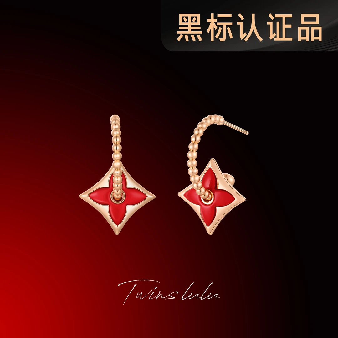 TWINSLULU 镀k金【花火】纯手工穿扣C形红色四叶老花耳环TSL2708