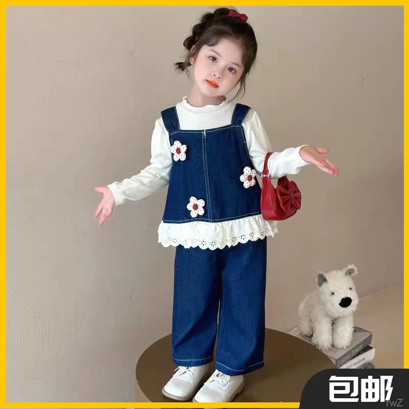 女童秋季洋气套装2025新款儿童牛仔花边马甲三件套女宝宝秋装春秋