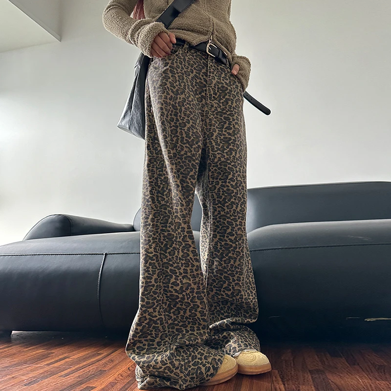 裤长110cm 豹纹美式窄版阔腿牛仔裤女春秋高腰辣妹加长高个子拖地