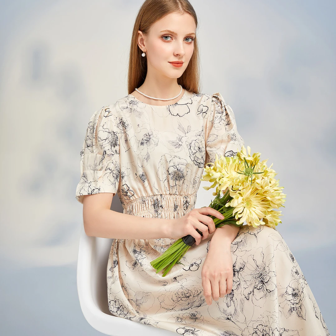 King Deer/鹿王夏季新款水墨印花收腰显瘦碎花V领长裙L781031T