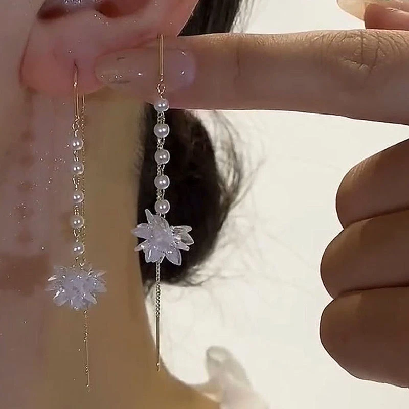 YIZUN.CHOMEL款白色冰花防丢耳线女气质夏季耳饰品超仙显脸瘦耳环