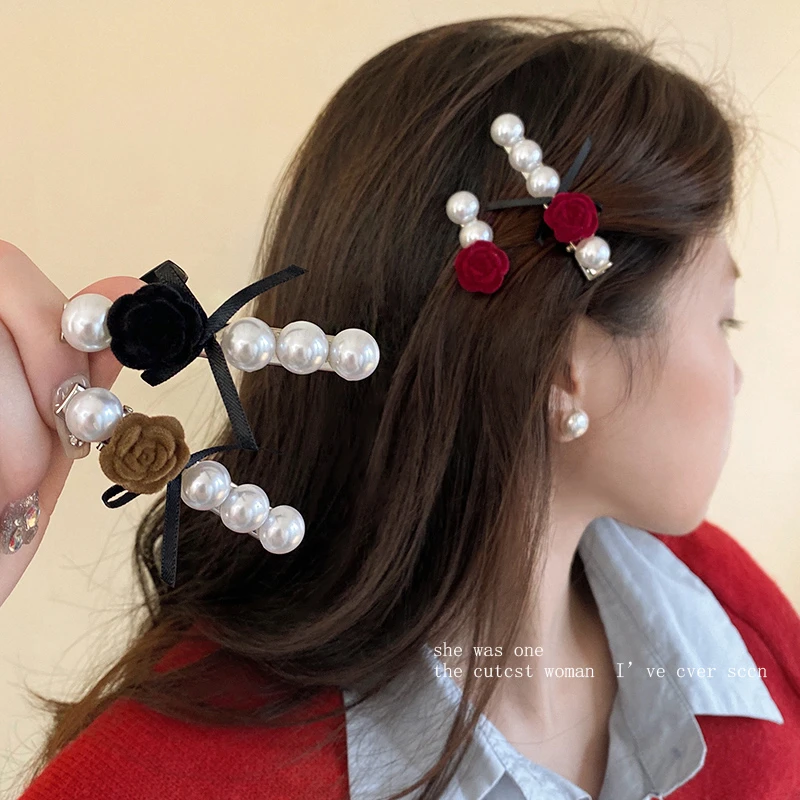 复古珠珠玫瑰发夹女前额侧边刘海夹2024新款鸭嘴夹子气质发卡头饰