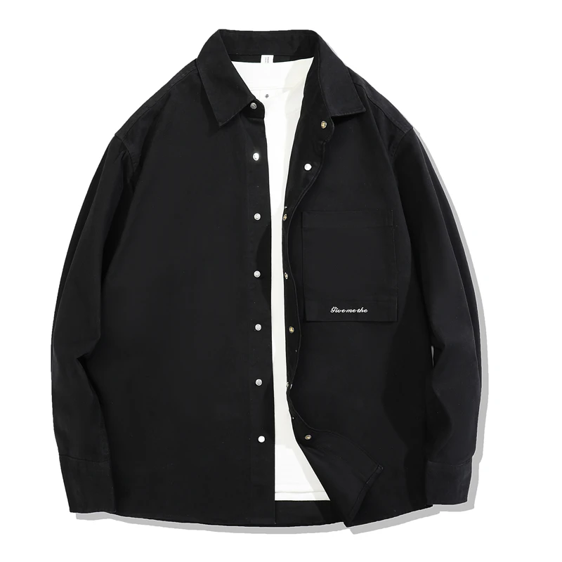 新款美式复古纯棉长袖衬衫外套男春秋休闲纯色全棉贴袋潮上衣宽松