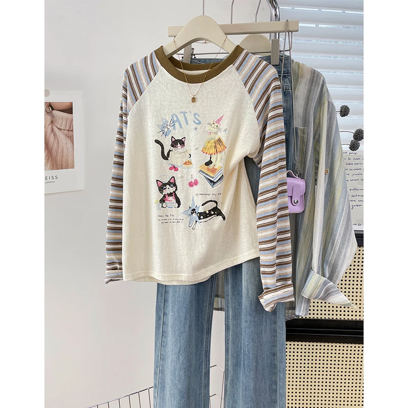 插肩复古条纹长袖T恤衫2025秋季新款钉珠卡通小猫印花麻感棉女装